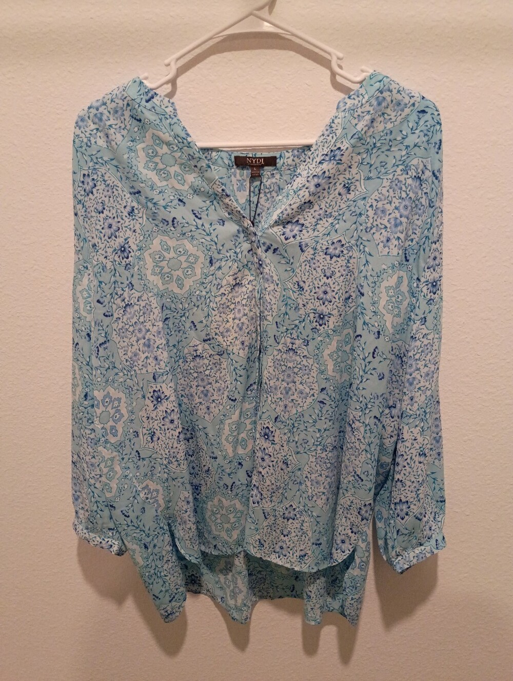 NYDJ Aqua Blue Floral Medallion V-Neck Blouse